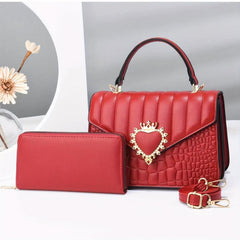 Quilted Handbag Set & Wallet Heart Decor Purse Crossbody Bag