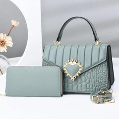 Quilted Handbag Set & Wallet Heart Decor Purse Crossbody Bag