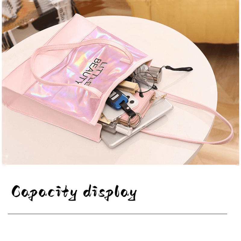 2Pc Holographic Tote Bag Set Large Handbag With Clutch Coin Purse
