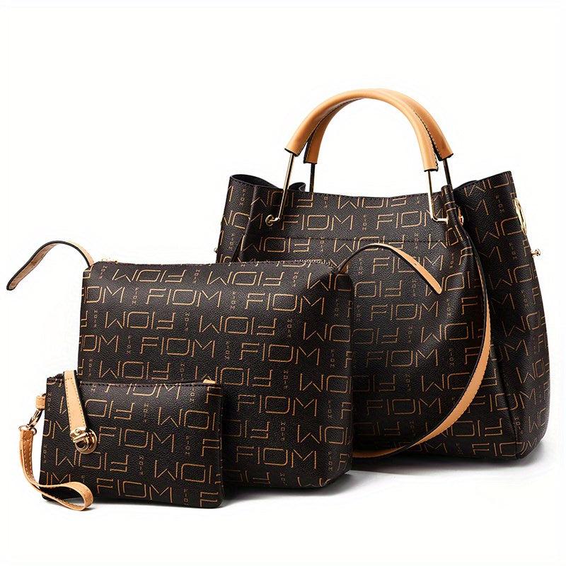 3Pcs Geometric Pattern Handbag Set with Bucket, Crossbody & Wrist Bags