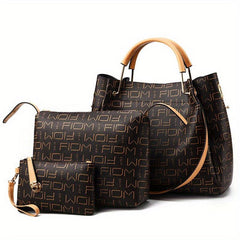 3Pcs Geometric Pattern Handbag Set with Bucket, Crossbody & Wrist Bags