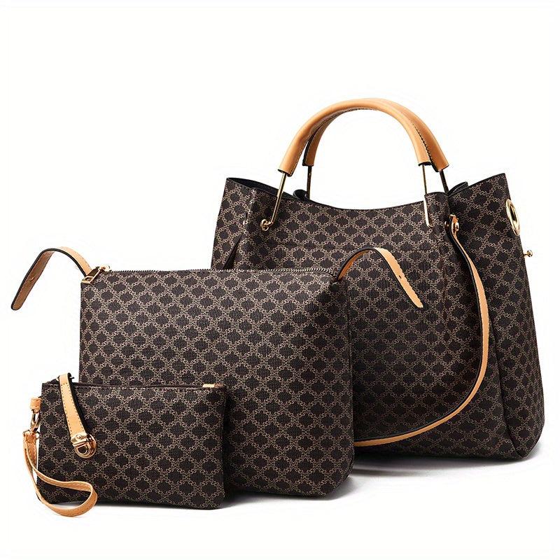 3Pcs Geometric Pattern Handbag Set with Bucket, Crossbody & Wrist Bags