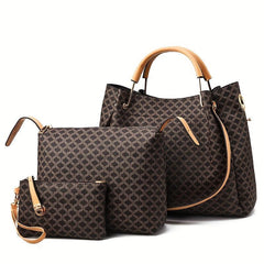 3Pcs Geometric Pattern Handbag Set with Bucket, Crossbody & Wrist Bags
