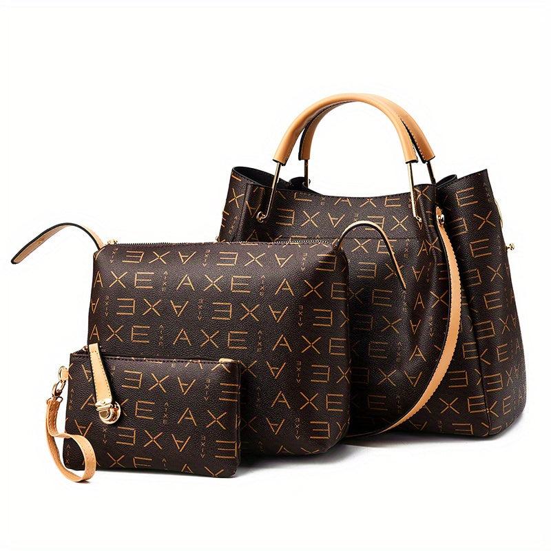 3Pcs Geometric Pattern Handbag Set with Bucket, Crossbody & Wrist Bags
