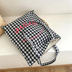Gingham Canvas Tote Bag Letter Graphic Shoulder Bag