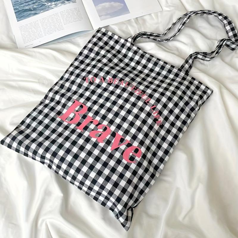 Gingham Canvas Tote Bag Letter Graphic Shoulder Bag