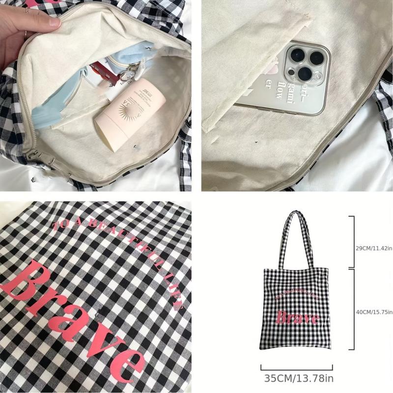 Gingham Canvas Tote Bag Letter Graphic Shoulder Bag