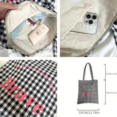 Gingham Canvas Tote Bag Letter Graphic Shoulder Bag