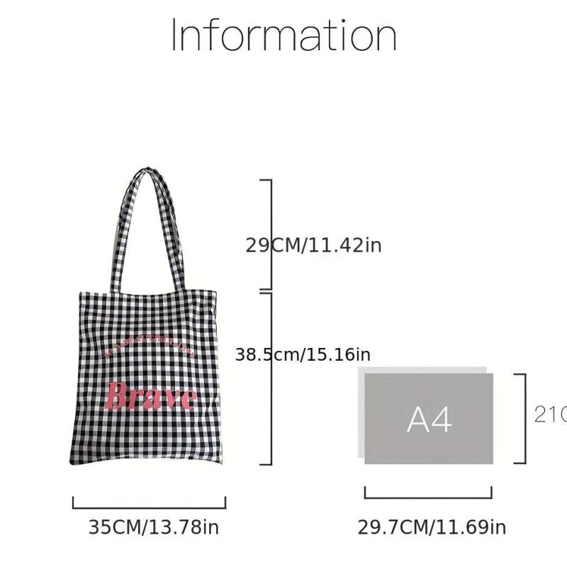 Gingham Canvas Tote Bag Letter Graphic Shoulder Bag
