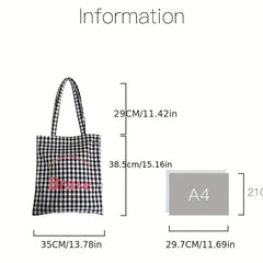 Gingham Canvas Tote Bag Letter Graphic Shoulder Bag