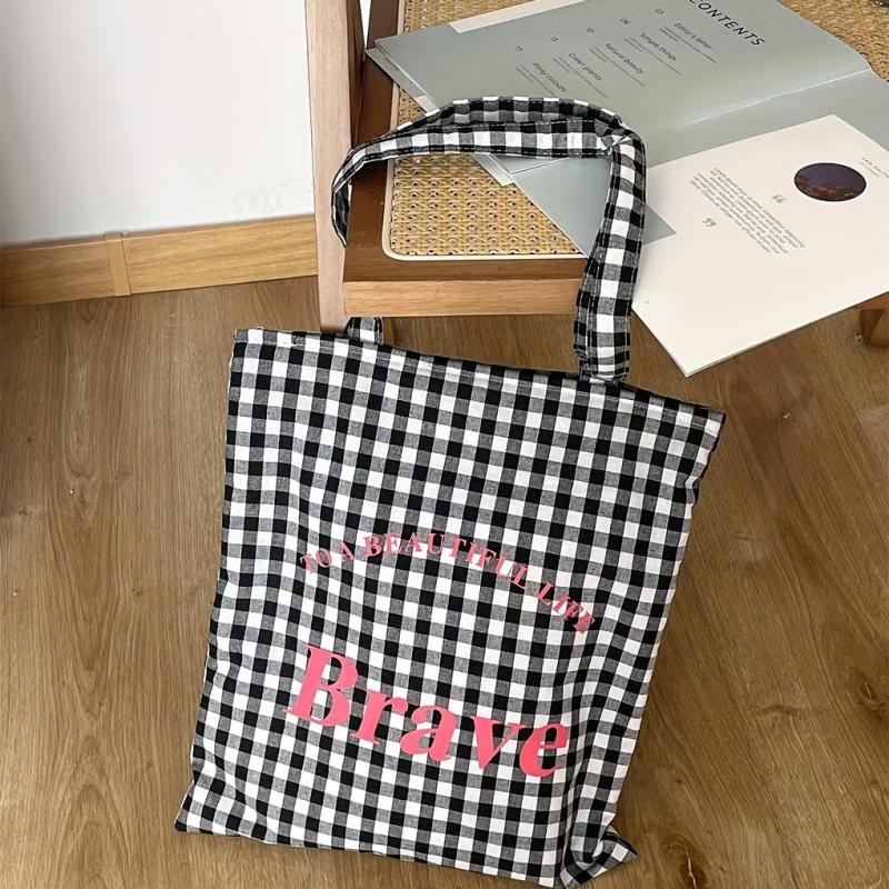 Gingham Canvas Tote Bag Letter Graphic Shoulder Bag