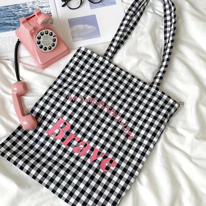 Gingham Canvas Tote Bag Letter Graphic Shoulder Bag