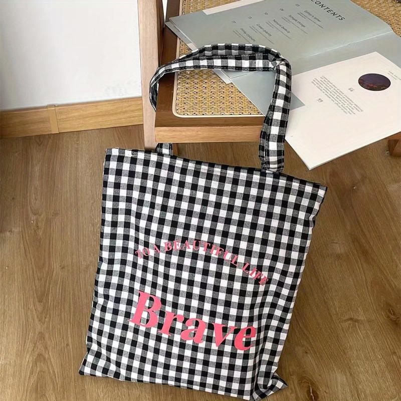 Gingham Canvas Tote Bag Letter Graphic Shoulder Bag