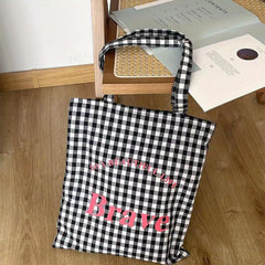 Gingham Canvas Tote Bag Letter Graphic Shoulder Bag