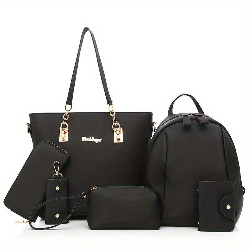 6Pcs Faux Leather Bag Set For Women Tote Bag with Travel Backpack & Wrist Purse
