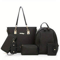 6Pcs Faux Leather Bag Set For Women Tote Bag with Travel Backpack & Wrist Purse