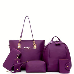 6Pcs Faux Leather Bag Set For Women Tote Bag with Travel Backpack & Wrist Purse