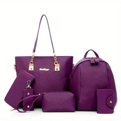 6Pcs Faux Leather Bag Set For Women Tote Bag with Travel Backpack & Wrist Purse