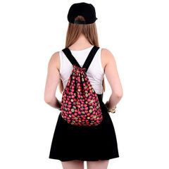 Strawberry Print Drawstring Workout Backpack Gym Sport String Bag