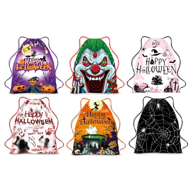 Halloween Drawstring Backpack Ghost Skull Elf Print Schoolbag