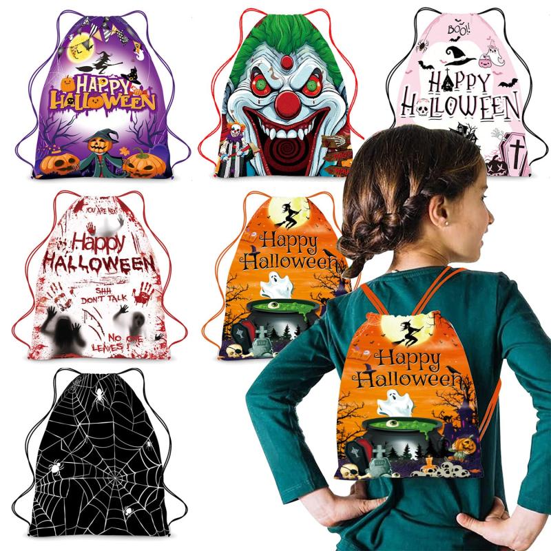 Halloween Drawstring Backpack Ghost Skull Elf Print Schoolbag