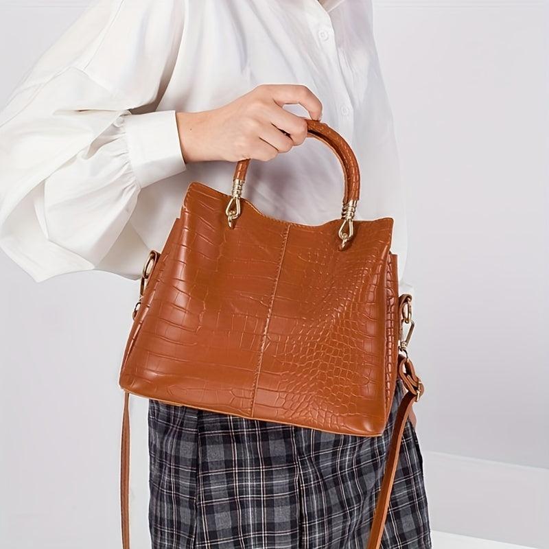 Large Capacity Crocodile Pattern Tote Bag Faux Leather Shoulder Bag with Zipper