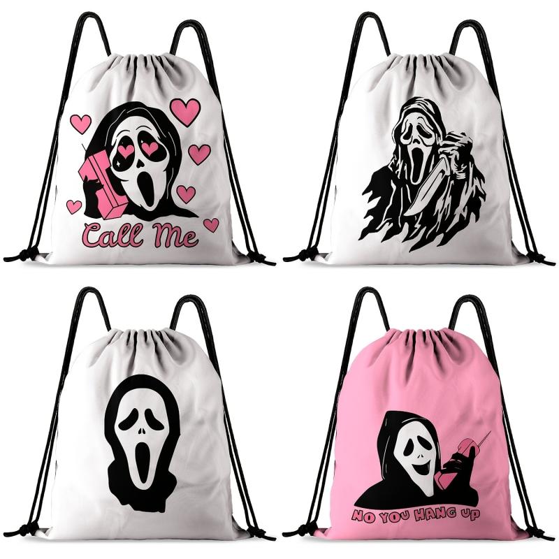 Halloween Printed Drawstring Backpack Ghost Skull Elf Bundle Pocket Bag