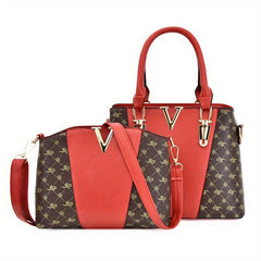 2Pcs Argyle Print Handbag Set Crossbody Satchel Purse