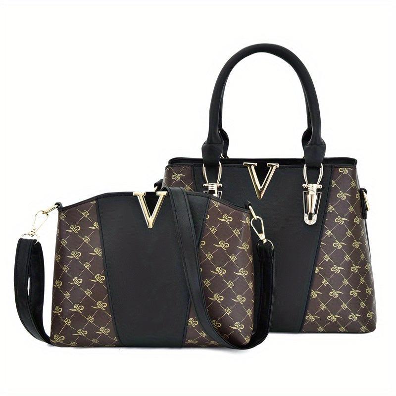 2Pcs Argyle Print Handbag Set Crossbody Satchel Purse