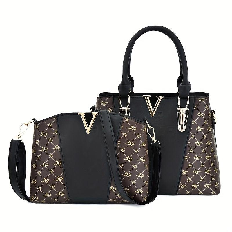 2Pcs Argyle Print Handbag Set Crossbody Satchel Purse