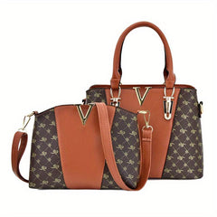 2Pcs Argyle Print Handbag Set Crossbody Satchel Purse