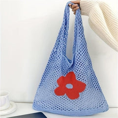 Hollow Flower Pattern Woven Tote Bag Crochet Hobo Shoulder Bag
