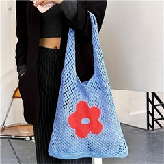Hollow Flower Pattern Woven Tote Bag Crochet Hobo Shoulder Bag