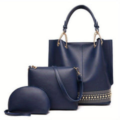 3 Pcs Classic Bag Sets Solid Tote Bag With Crossbody Bag & Clutch Bag