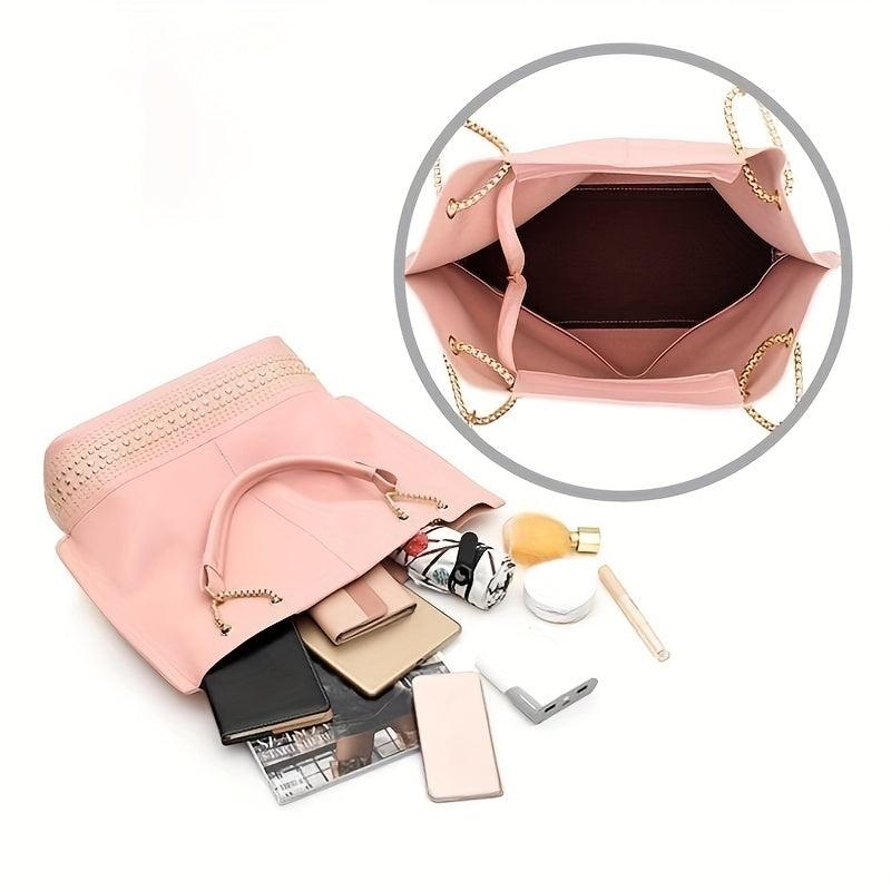 3 Pcs Classic Bag Sets Solid Tote Bag With Crossbody Bag & Clutch Bag
