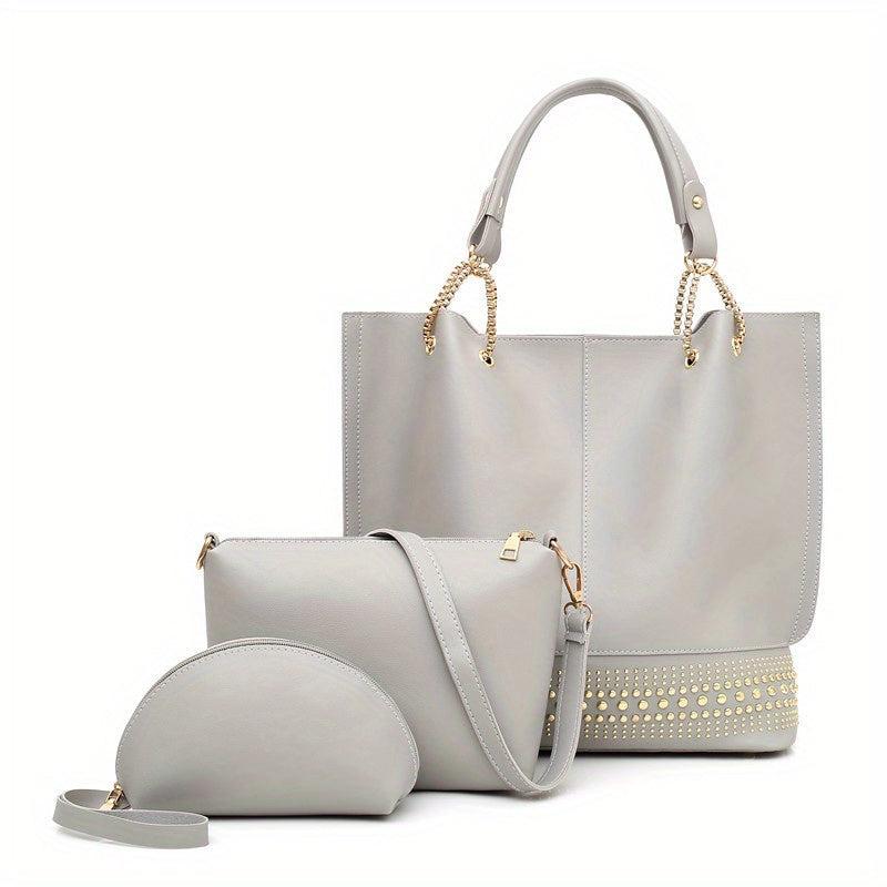 3 Pcs Classic Bag Sets Solid Tote Bag With Crossbody Bag & Clutch Bag