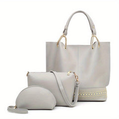3 Pcs Classic Bag Sets Solid Tote Bag With Crossbody Bag & Clutch Bag