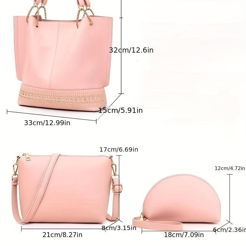 3 Pcs Classic Bag Sets Solid Tote Bag With Crossbody Bag & Clutch Bag