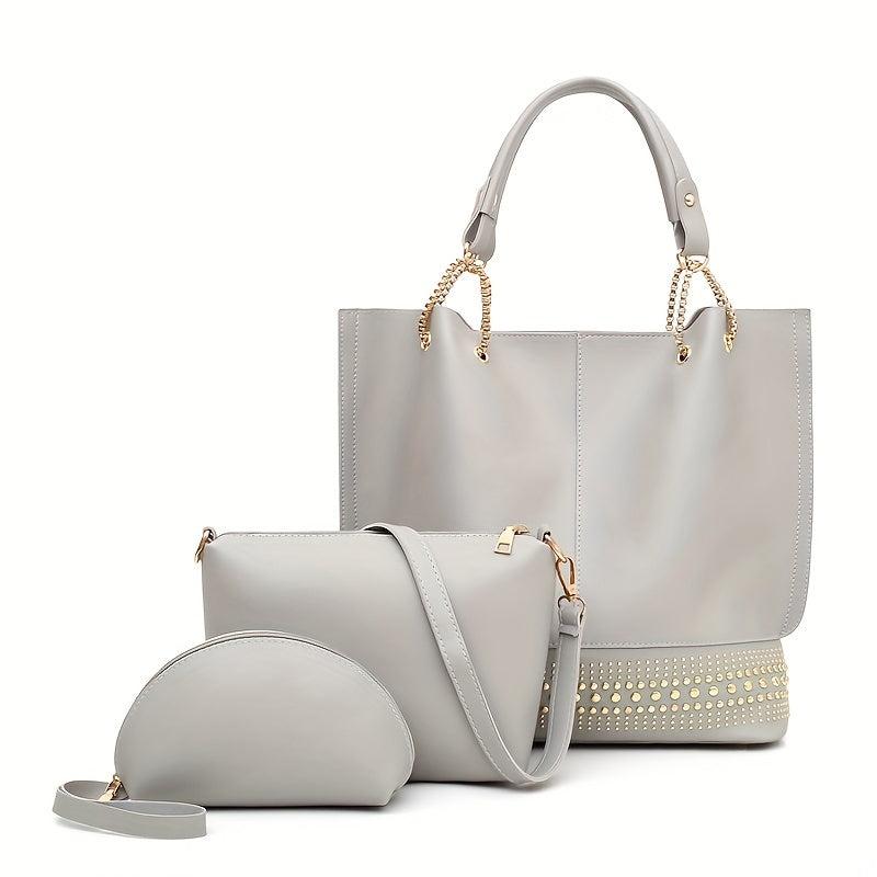 3 Pcs Classic Bag Sets Solid Tote Bag With Crossbody Bag & Clutch Bag