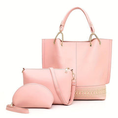 3 Pcs Classic Bag Sets Solid Tote Bag With Crossbody Bag & Clutch Bag