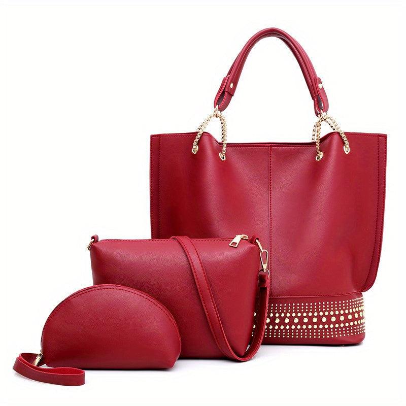 3 Pcs Classic Bag Sets Solid Tote Bag With Crossbody Bag & Clutch Bag