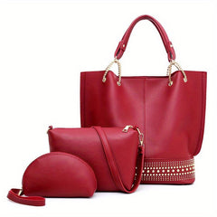 3 Pcs Classic Bag Sets Solid Tote Bag With Crossbody Bag & Clutch Bag