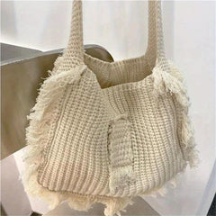 Tassel Tote Bag Large Capacity Shoulder Bag Knitted Storage Bag