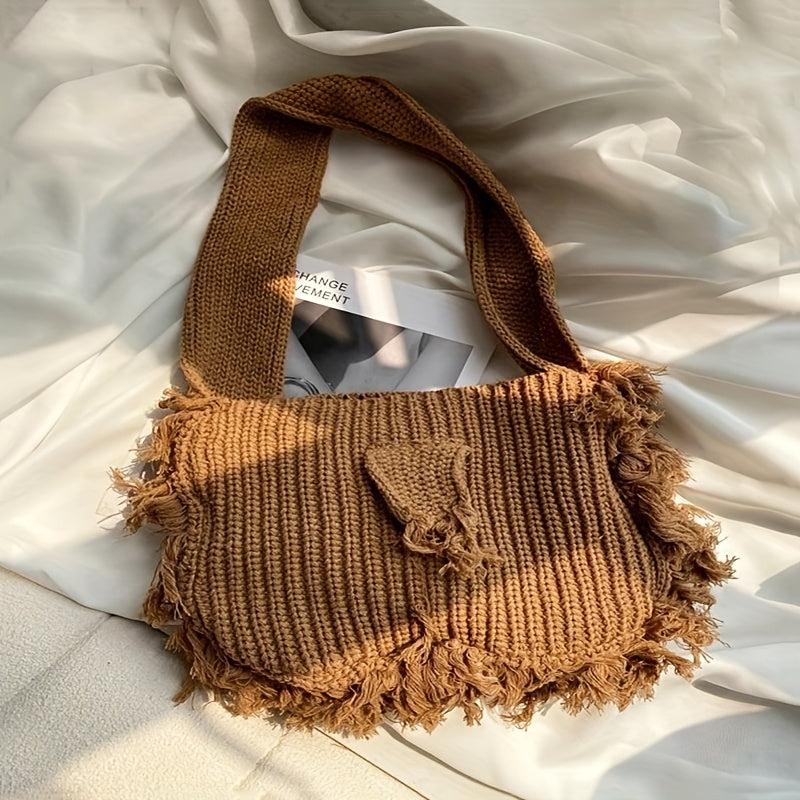 Tassel Tote Bag Large Capacity Shoulder Bag Knitted Storage Bag