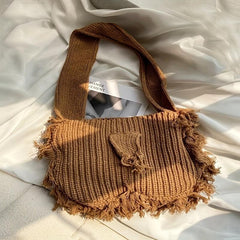Tassel Tote Bag Large Capacity Shoulder Bag Knitted Storage Bag