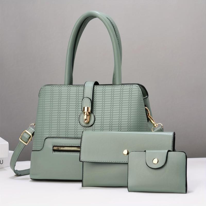Solid Plaid Bag Set Shoulder Bag with Clutch Wallet & Credit Card Case