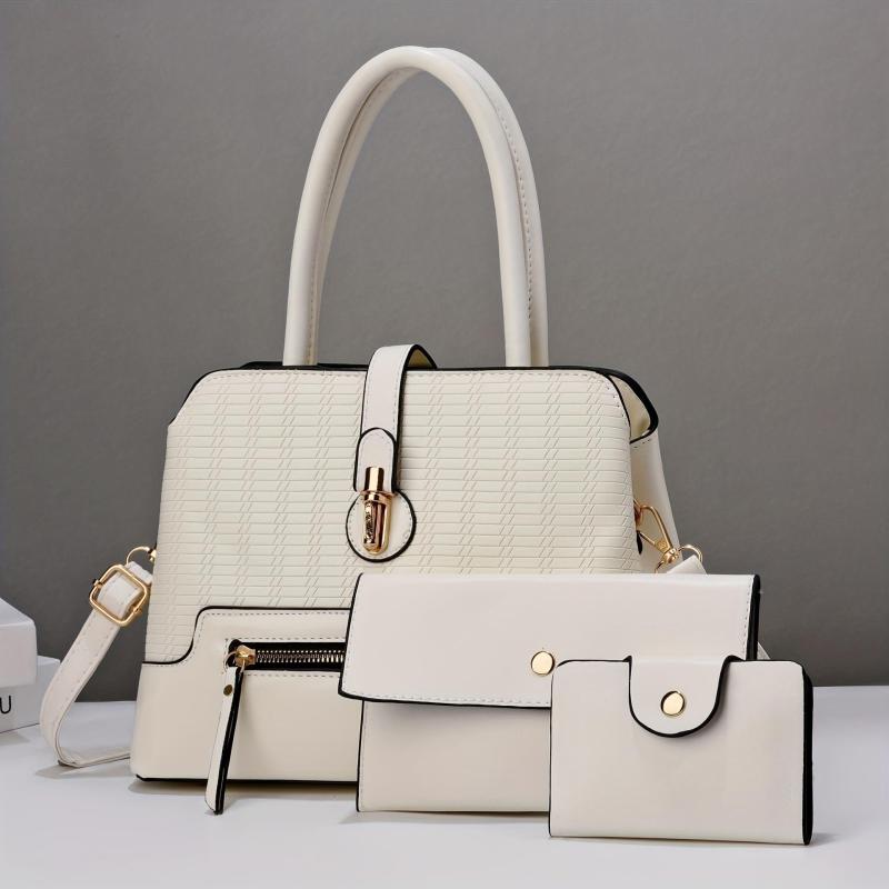 Solid Plaid Bag Set Shoulder Bag with Clutch Wallet & Credit Card Case