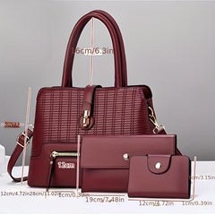 Solid Plaid Bag Set Shoulder Bag with Clutch Wallet & Credit Card Case
