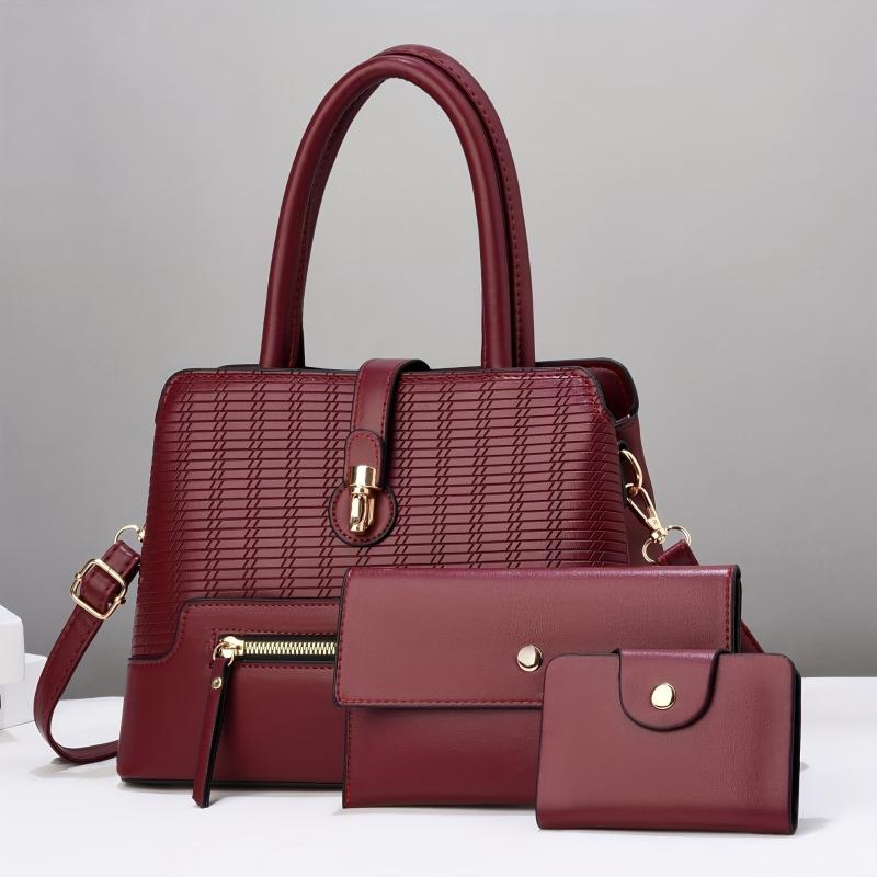 Solid Plaid Bag Set Shoulder Bag with Clutch Wallet & Credit Card Case
