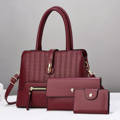 Solid Plaid Bag Set Shoulder Bag with Clutch Wallet & Credit Card Case